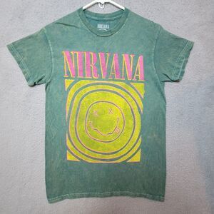 Nirvana Tee Shirt Men's Retro Graphic Burnout Green Smiley Face Size S - FLAW